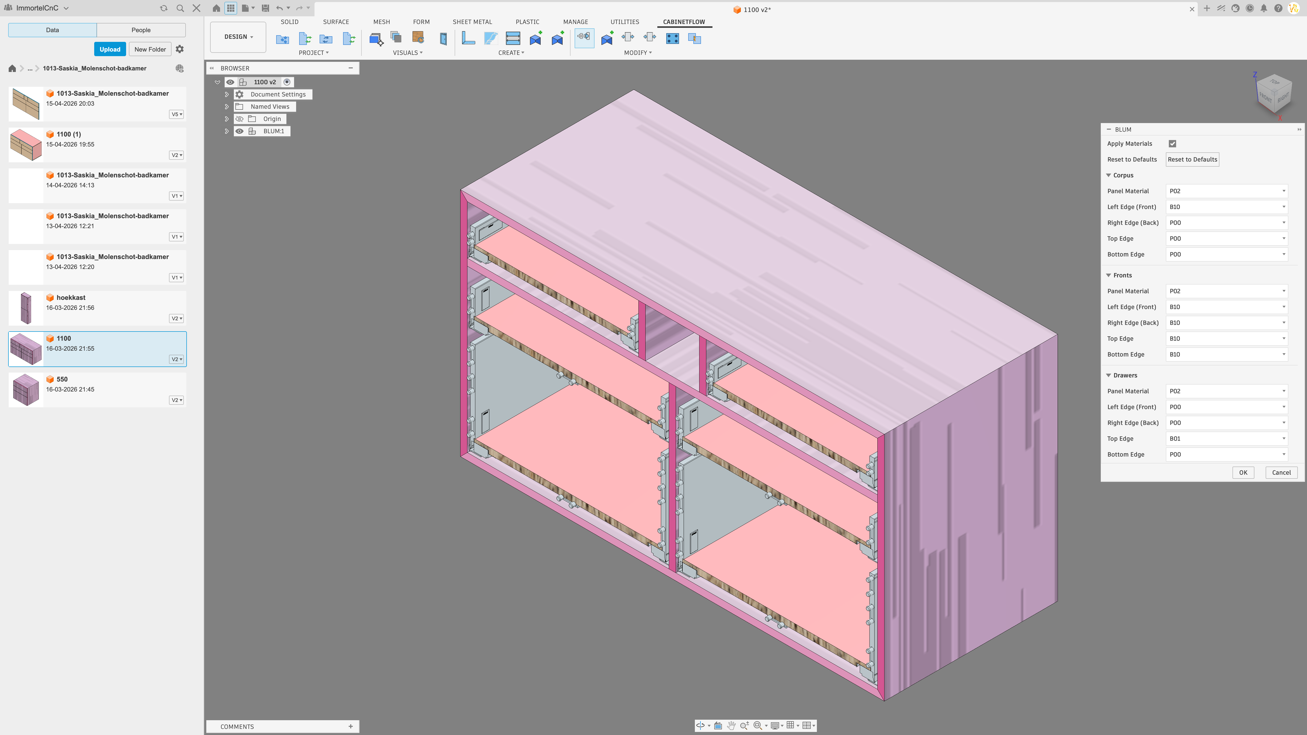 Cabinetflow — BLUM-import en materiaaltoewijzing in Fusion 360